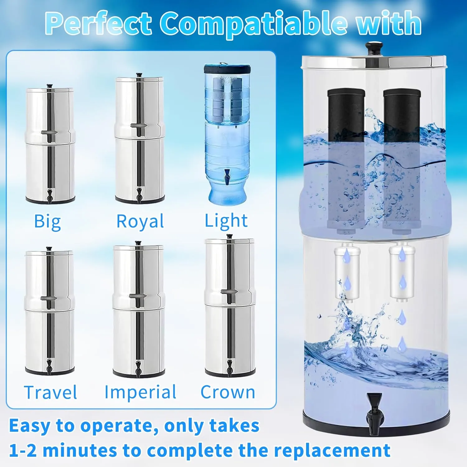 4Pcs Water Filter Replacement for Berkey® BB9-2 Black Activated Carbon Filters, Compatible with Berkey® Gravity Water Filter System,Replacement for BB9-2® Black Water Filters Cartridges