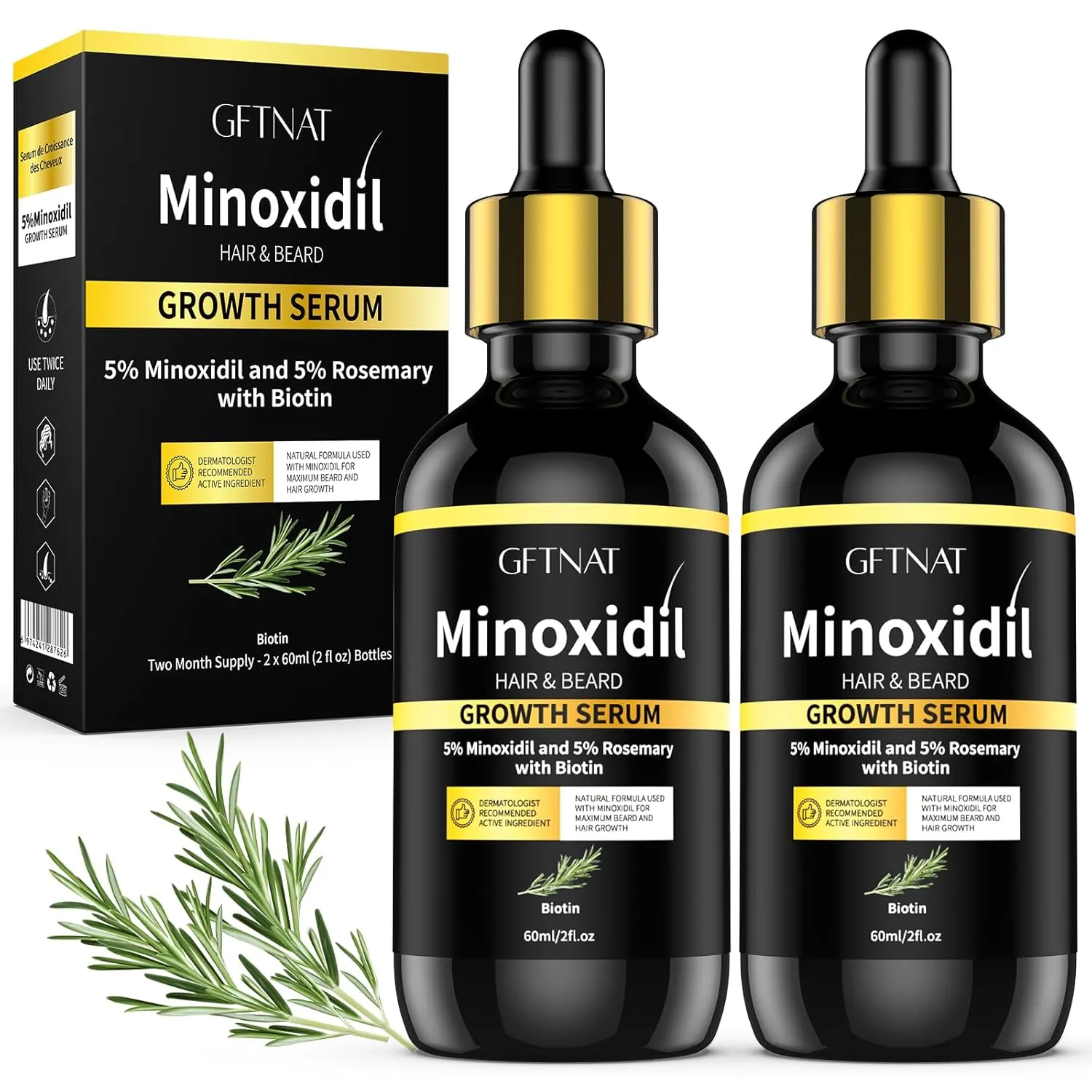 5% Minoxidil with Rosemary for Men and Women Hair Growth,Beard Growth Kit,Scalp Serum for Thicker Fuller Hair(2 x 2 Fl Oz)1