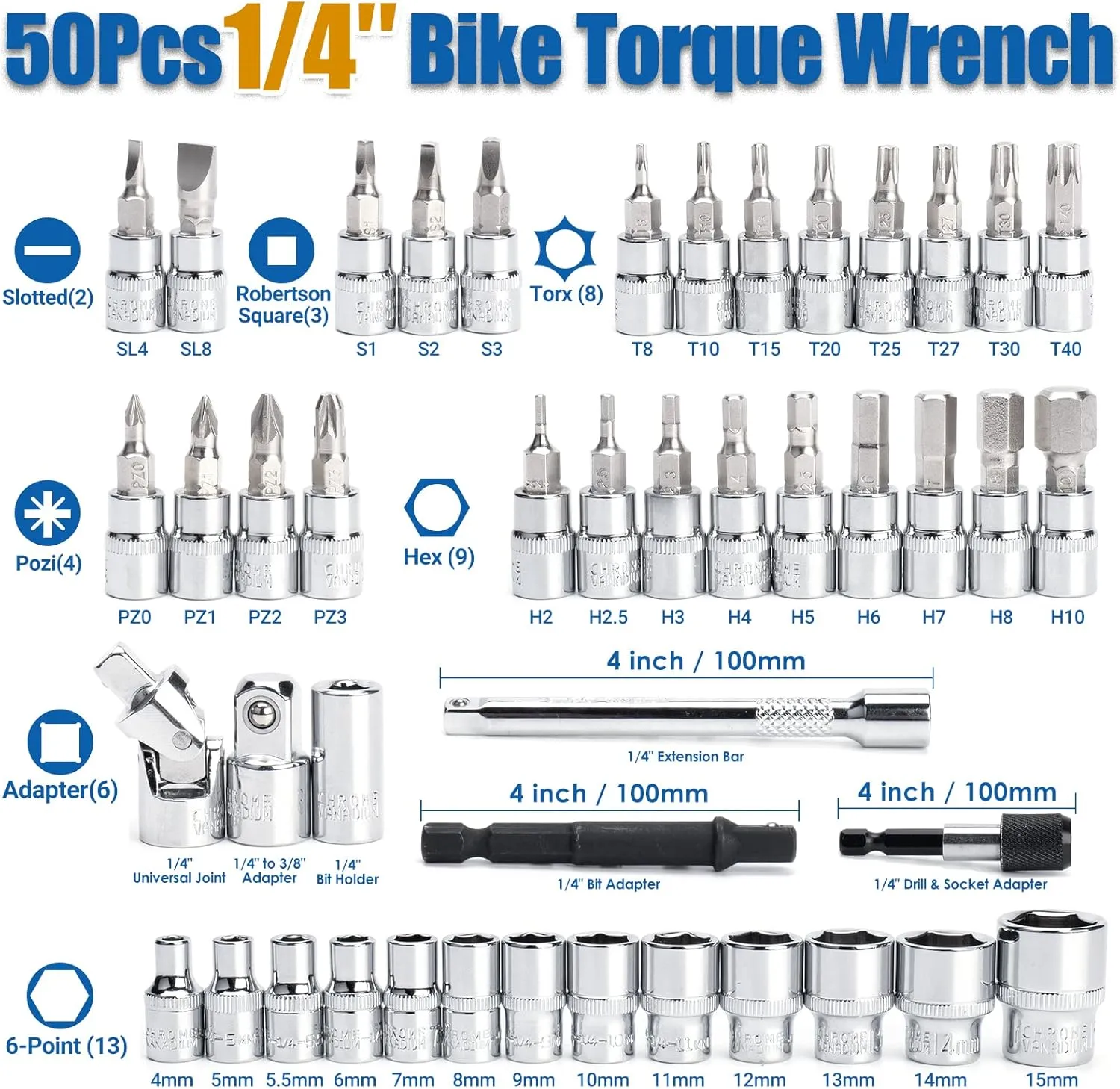 50Pcs Master Bike Torque Wrench Set, 1/4 Inch Drive, 10-220 IN.LB (1-24.9 Nm), Inch Pound Click Torque Wrench with Bit Sockets, 0.1 Nm Micro, 3/8 Adapter, Pro Bicycle Tool Kit for MTB
