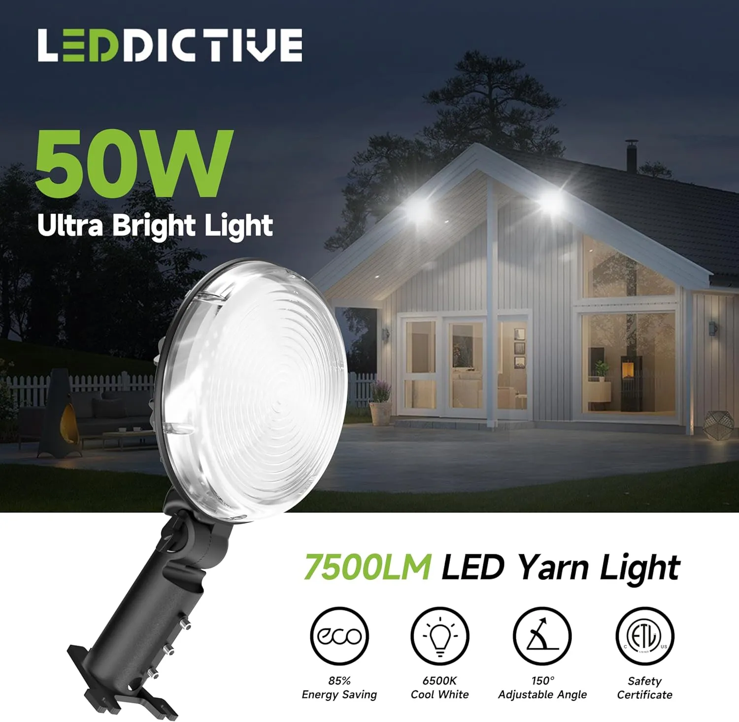50W LED Barn Light, 7500LM Dusk to Dawn Outdoor Yard Light with Photocell, 6500K Daylight, Adjustable Angle IP66 Waterproof Street Lights for Barn/Yard/Garage/Security/Farmhouse