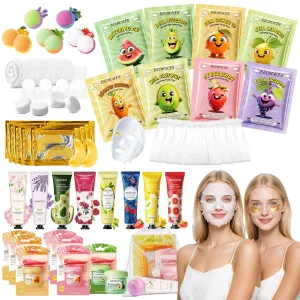 56Pcs Spa Party Supplies Set,Including 8 Spa Kits with Facial Masks Eye Patches Hand Cream Lip Balm Foot Bath Bombs,Ideal Gift for Sleepovers,Birthdays & Relaxation,Safe for All Skin Types