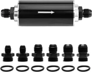 58mm 30 Micron Inline Fuel Filter 6AN 8AN 10AN Aluminum Fuel/Gas/Petrol Filter Adapter Fittings Universal Cleanable Black