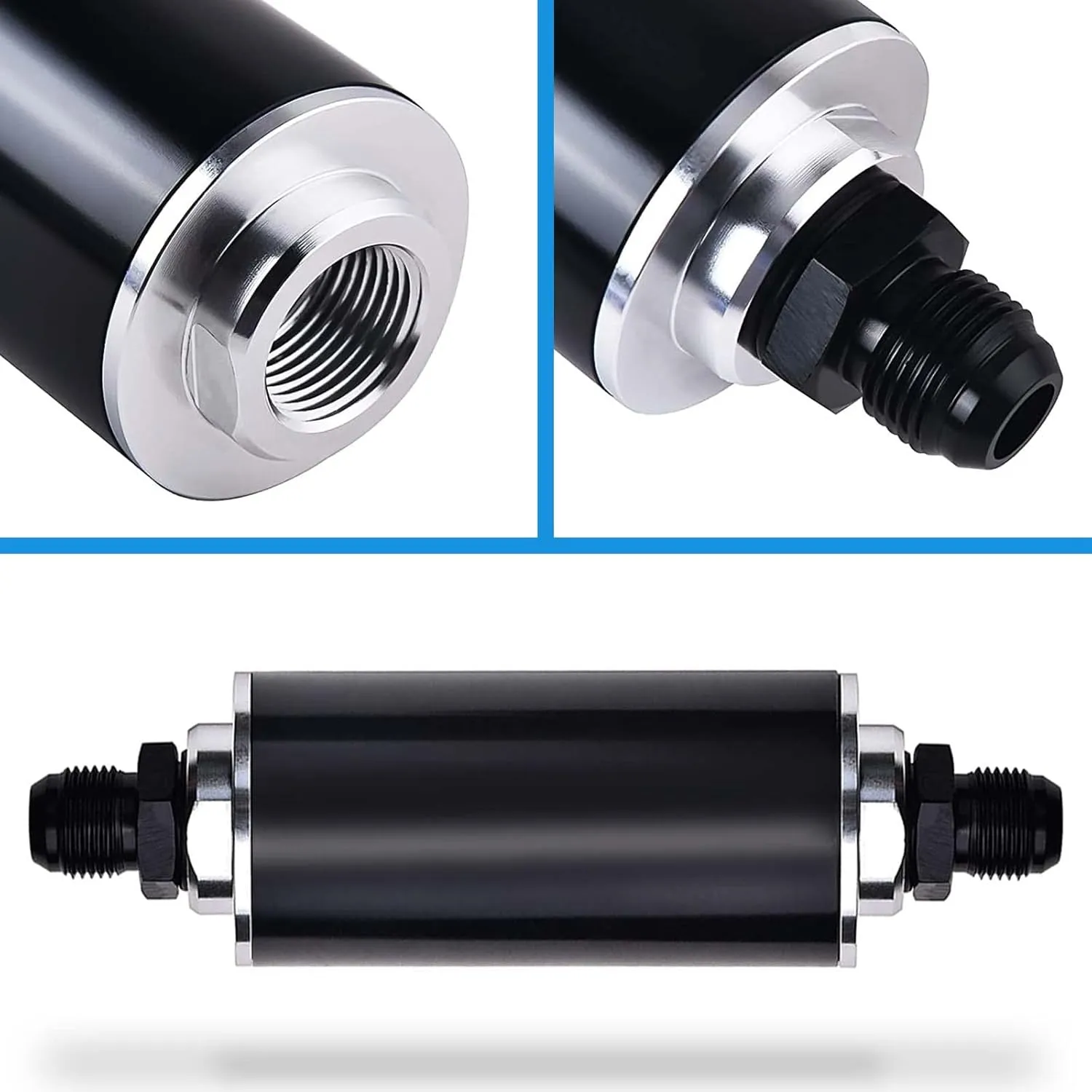 58mm 30 Micron Inline Fuel Filter 6AN 8AN 10AN Aluminum Fuel/Gas/Petrol Filter Adapter Fittings Universal Cleanable Black