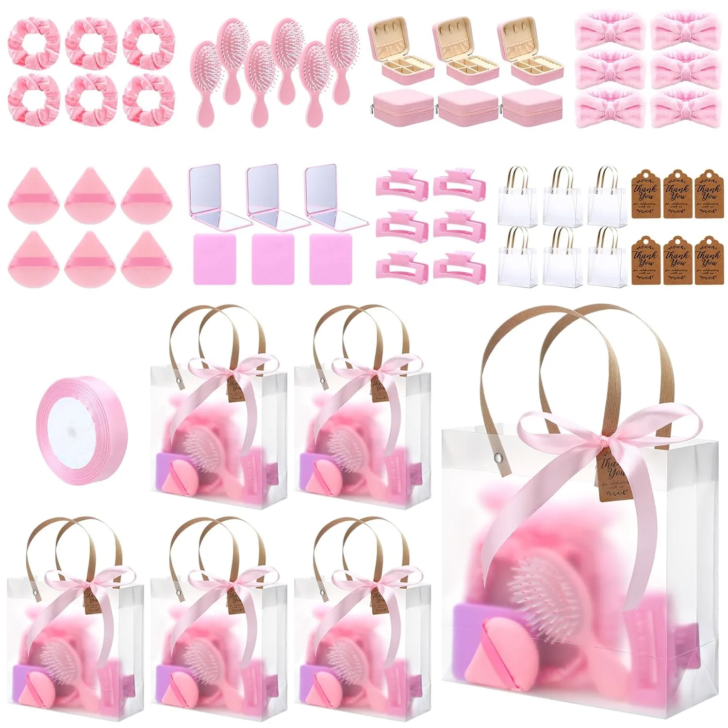 6 Sets Baby Shower Prizes for Winners Gifts Headband Hair Brush Jewelry Box Compact Mirror Powder Puff Hair Tie Claw Gift Bag Bridal Shower(Pink)