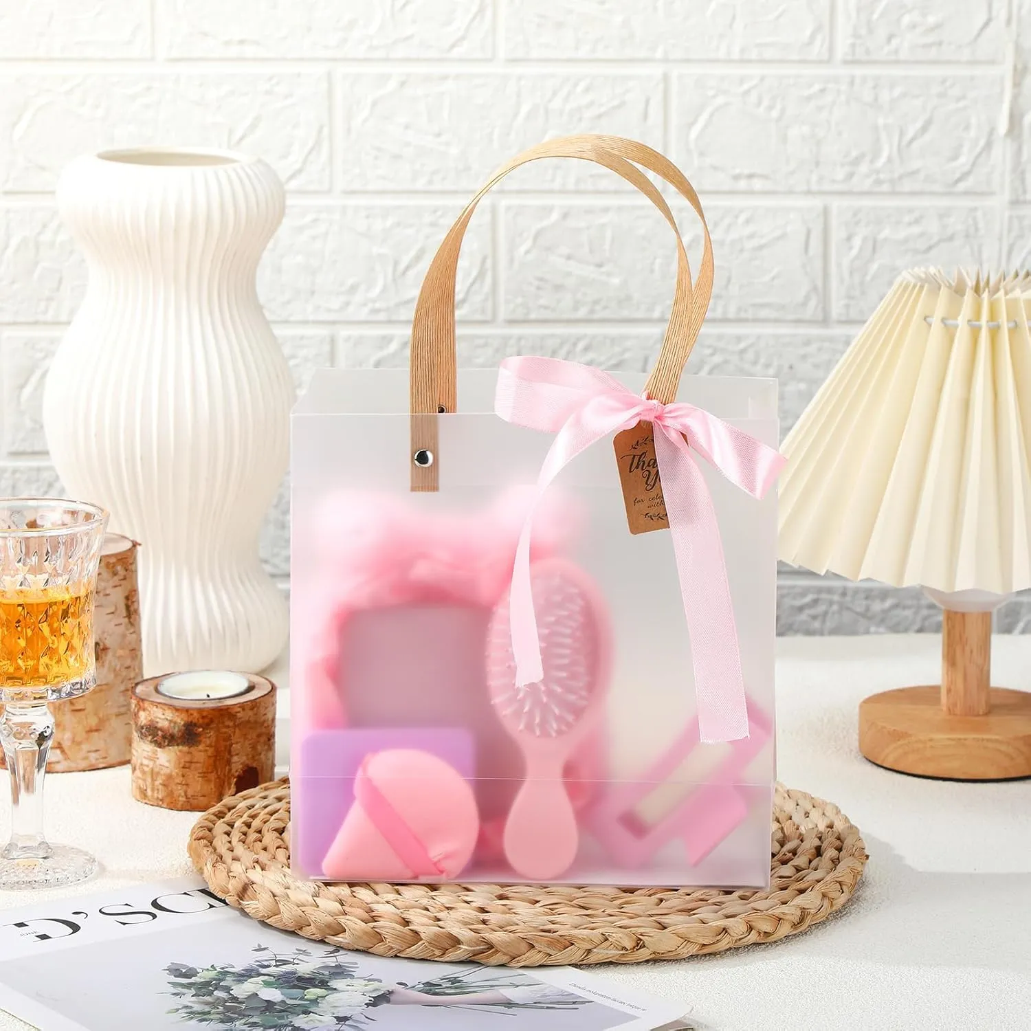 6 Sets Baby Shower Prizes for Winners Gifts Headband Hair Brush Jewelry Box Compact Mirror Powder Puff Hair Tie Claw Gift Bag Bridal Shower(Pink)