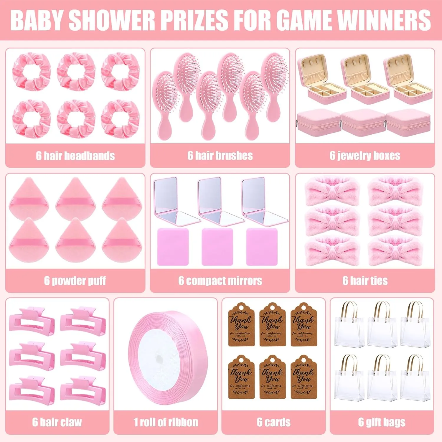 6 Sets Baby Shower Prizes for Winners Gifts Headband Hair Brush Jewelry Box Compact Mirror Powder Puff Hair Tie Claw Gift Bag Bridal Shower(Pink)