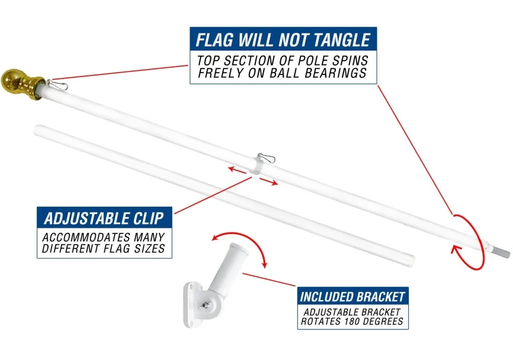 6ft Spinning Stabilizer Flag Pole & Adjustable Bracket Kit (White)