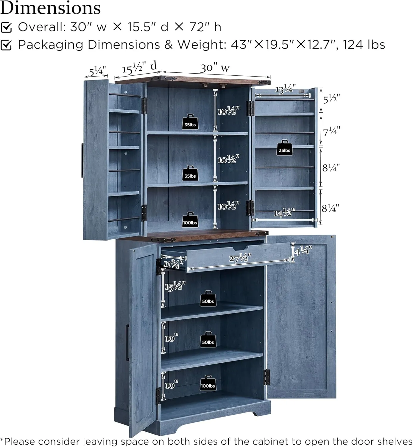 72" Tall Kitchen Pantry, Farmhouse Storage Cabinet with Barn Doors, Organizer, Drawer and Adjustable Shelves, Rustic Wood Cupboard for Kitchen, Dining Room, Bathroom and Hallway, Rustic Blue
