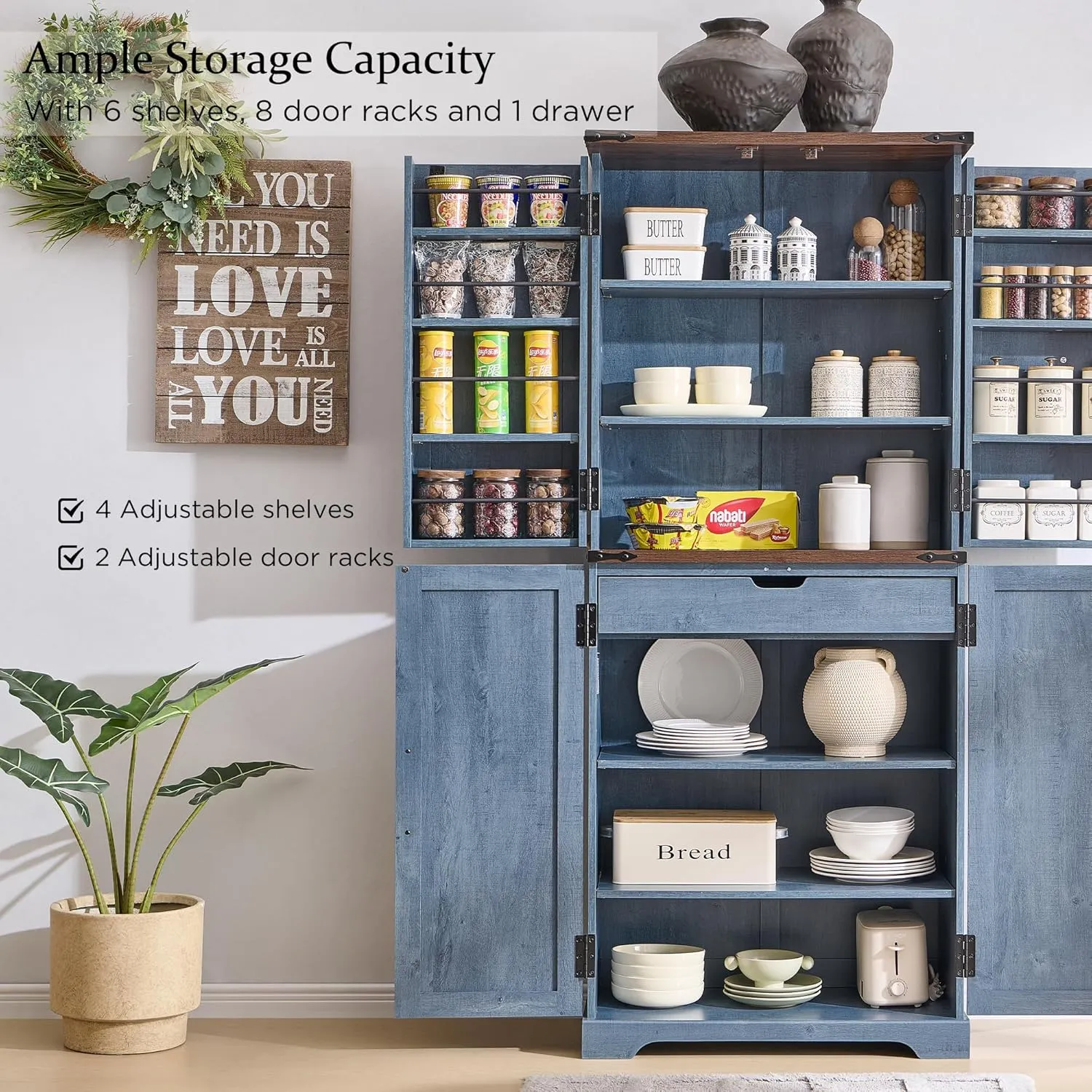 72" Tall Kitchen Pantry, Farmhouse Storage Cabinet with Barn Doors, Organizer, Drawer and Adjustable Shelves, Rustic Wood Cupboard for Kitchen, Dining Room, Bathroom and Hallway, Rustic Blue