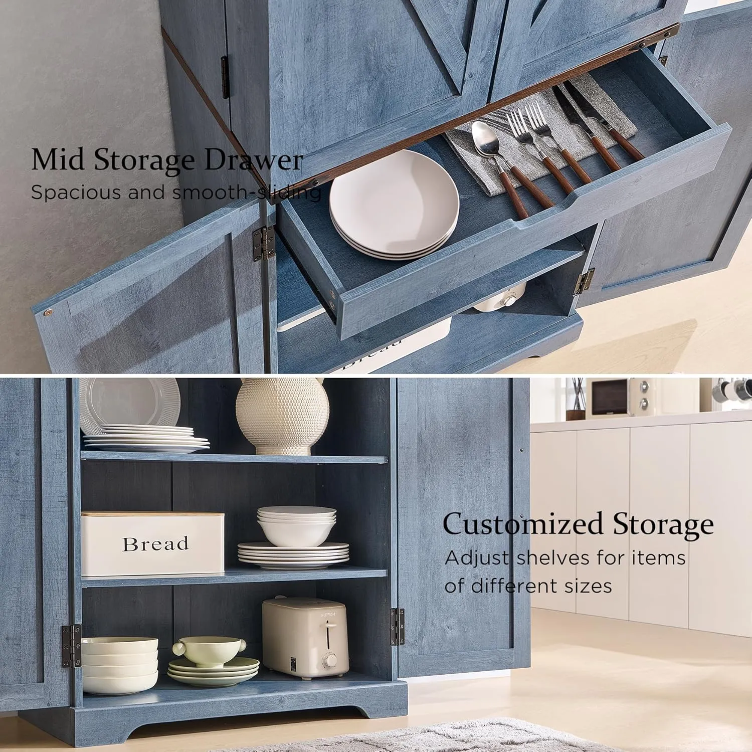 72" Tall Kitchen Pantry, Farmhouse Storage Cabinet with Barn Doors, Organizer, Drawer and Adjustable Shelves, Rustic Wood Cupboard for Kitchen, Dining Room, Bathroom and Hallway, Rustic Blue
