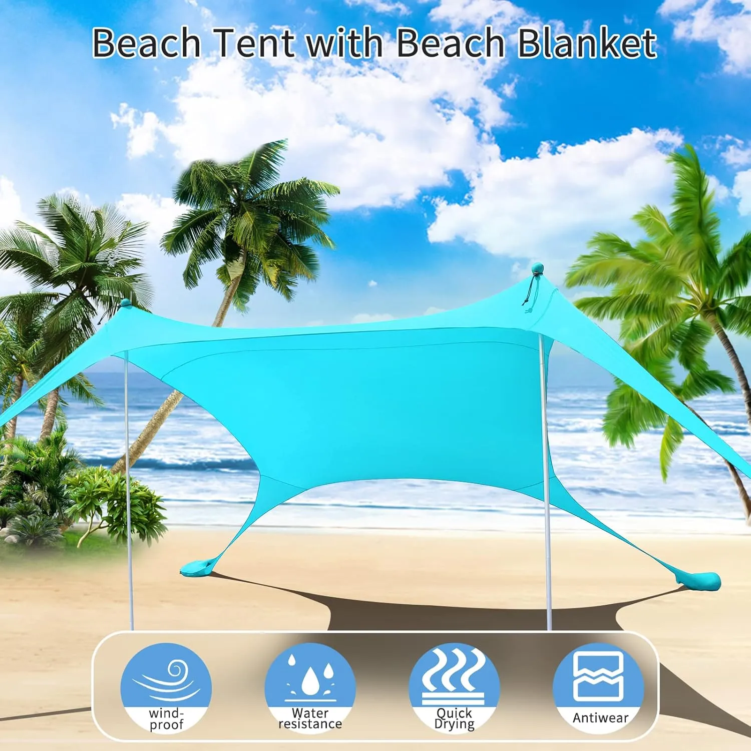 7×7 FT Beach Tent Sun Shelter UPF50  UV Protection, Outdoor Canopy Tent Sun Shade with 2 Poles for Camping, Beach, Fishing, Backyard and Picnics