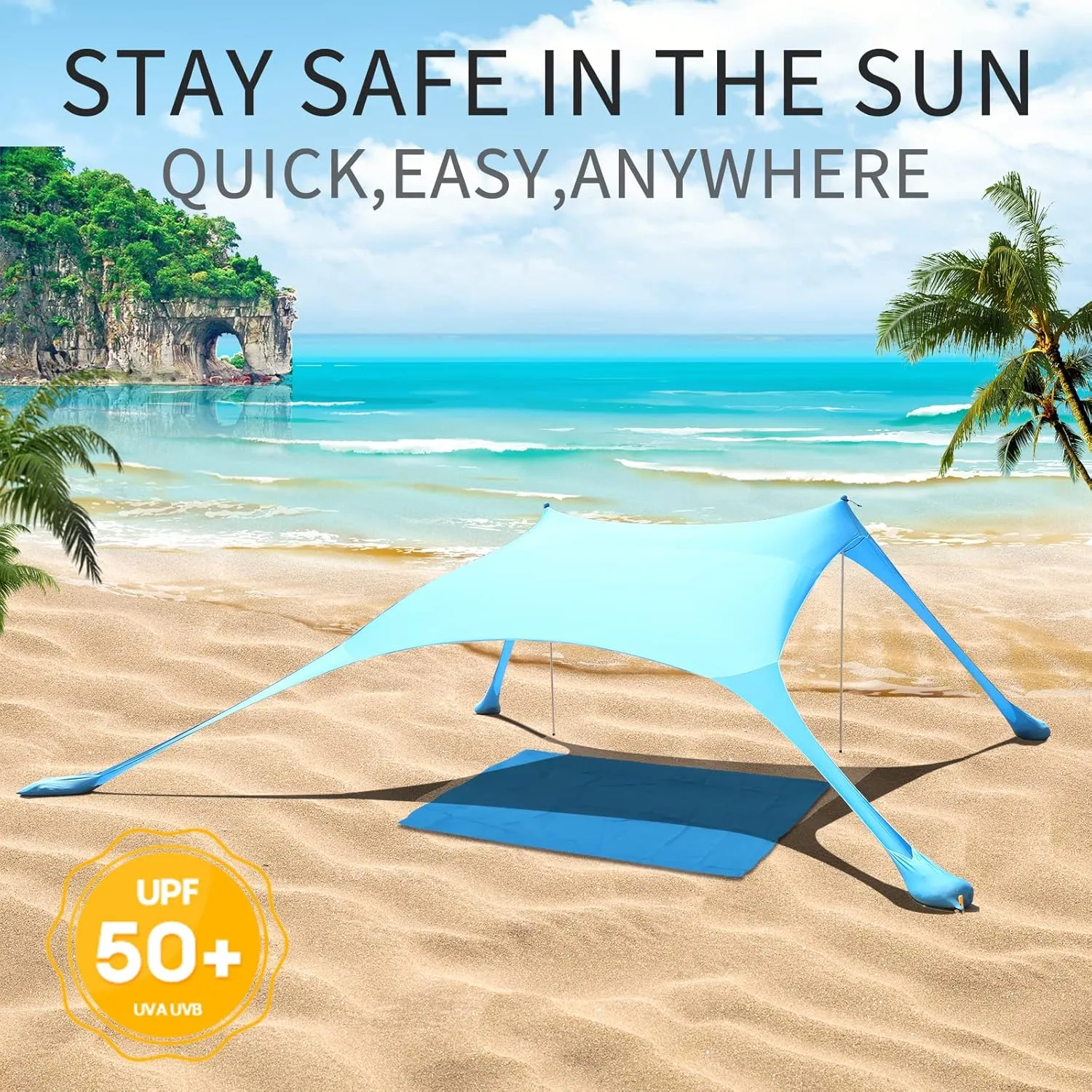 7×7 FT Beach Tent Sun Shelter UPF50  UV Protection, Outdoor Canopy Tent Sun Shade with 2 Poles for Camping, Beach, Fishing, Backyard and Picnics