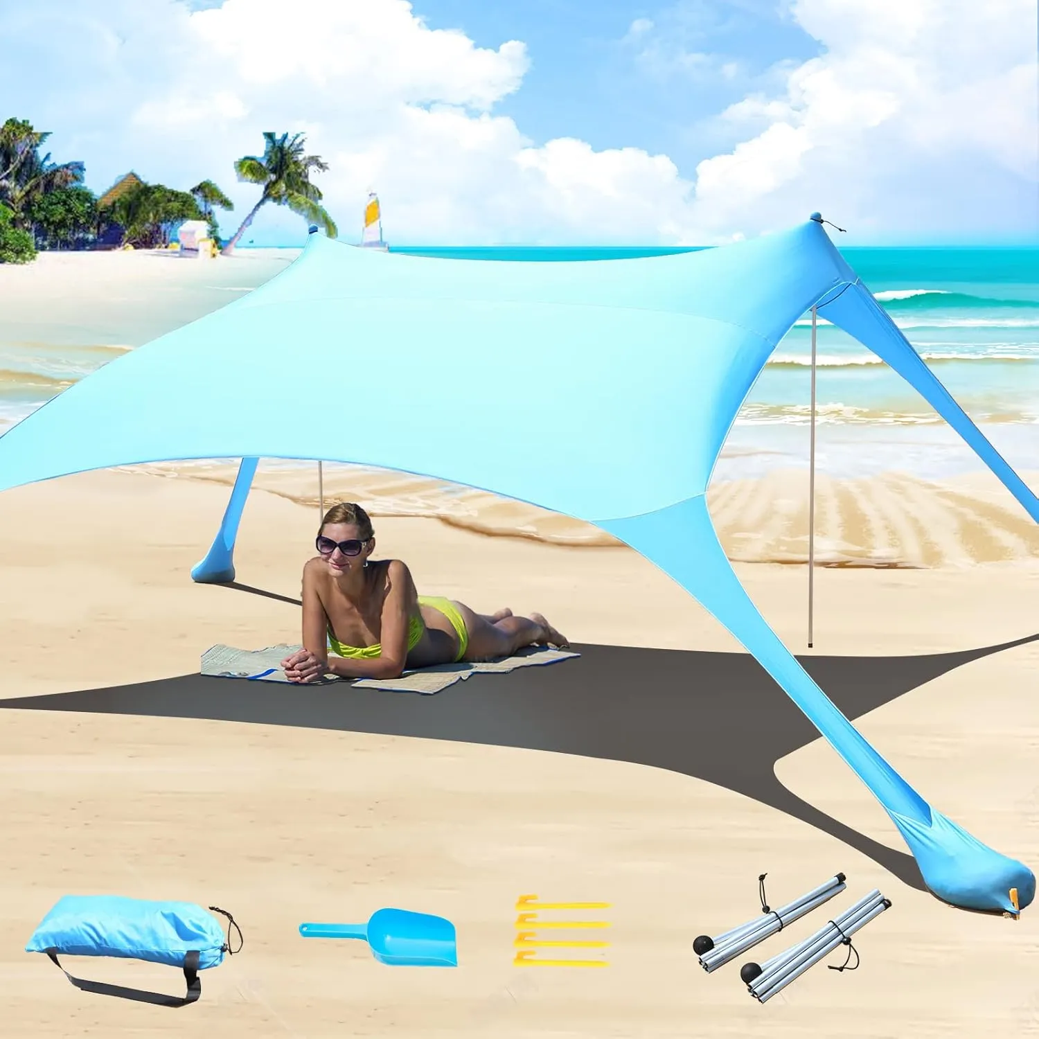 7×7 FT Beach Tent Sun Shelter UPF50  UV Protection, Outdoor Canopy Tent Sun Shade with 2 Poles for Camping, Beach, Fishing, Backyard and Picnics