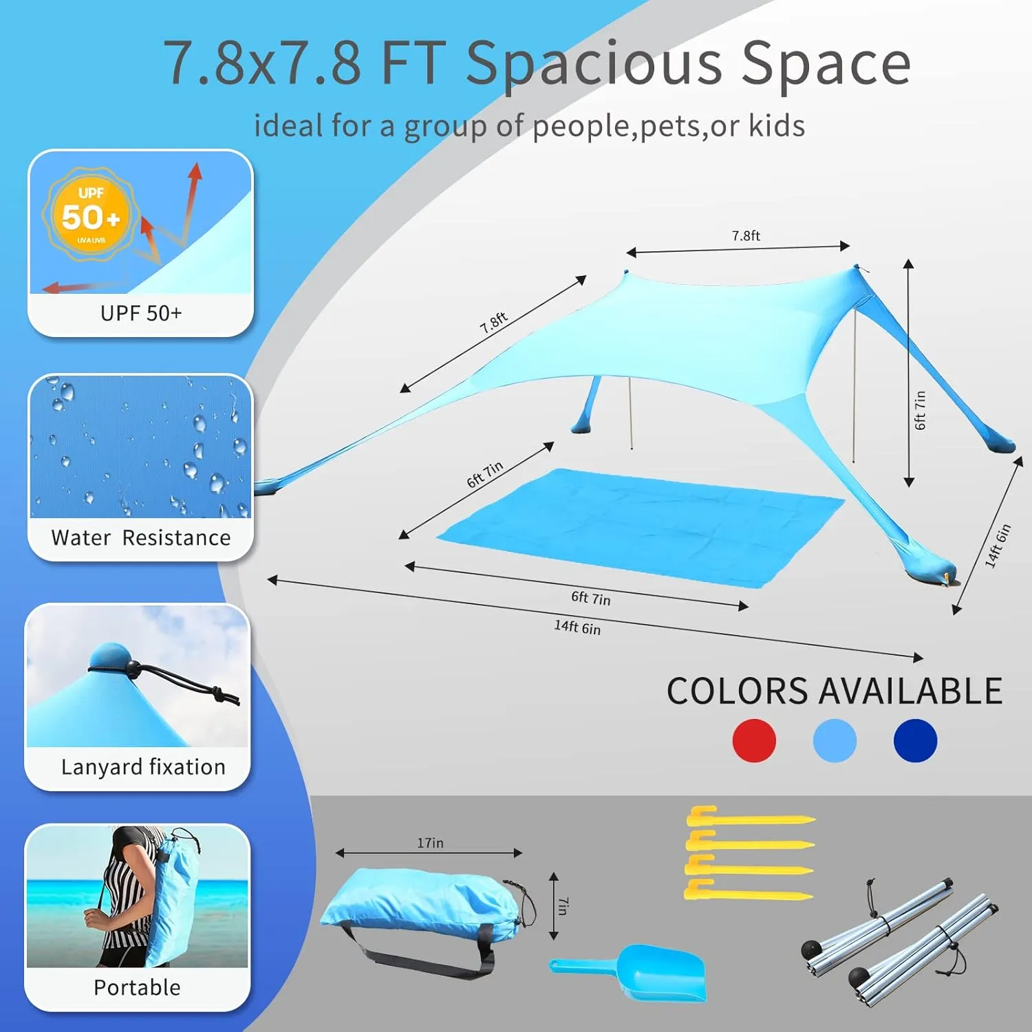 7×7 FT Beach Tent Sun Shelter UPF50  UV Protection, Outdoor Canopy Tent Sun Shade with 2 Poles for Camping, Beach, Fishing, Backyard and Picnics