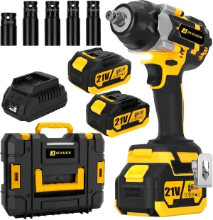 800N.m Cordless Impact Wrench, 600Ft-lbs 1/2 inch Electric Impact Gun, High Torque Brushless Impact Wrench w/ 2x 4.0Ah Battery, Fast Charger & 5 Sockets for Car Lawn Mower