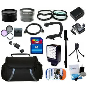 Advanced Accessory Kit Include Replacement Battery   Charger   16GB Memory   Reader   Wide Angle Lens   Telephoto Lens   Filter Kit   Close UP Lens Kit   HDMI   Monopod   Flash Memory Camcorder