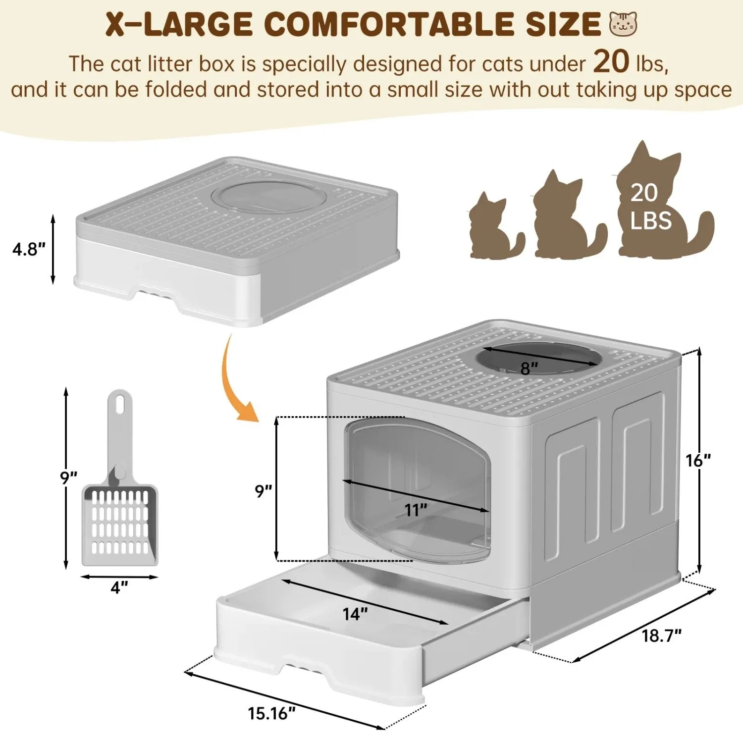 Affordable scoop, Extra-large grey litter Private sale box litter cat foldable with LunaLulinlk