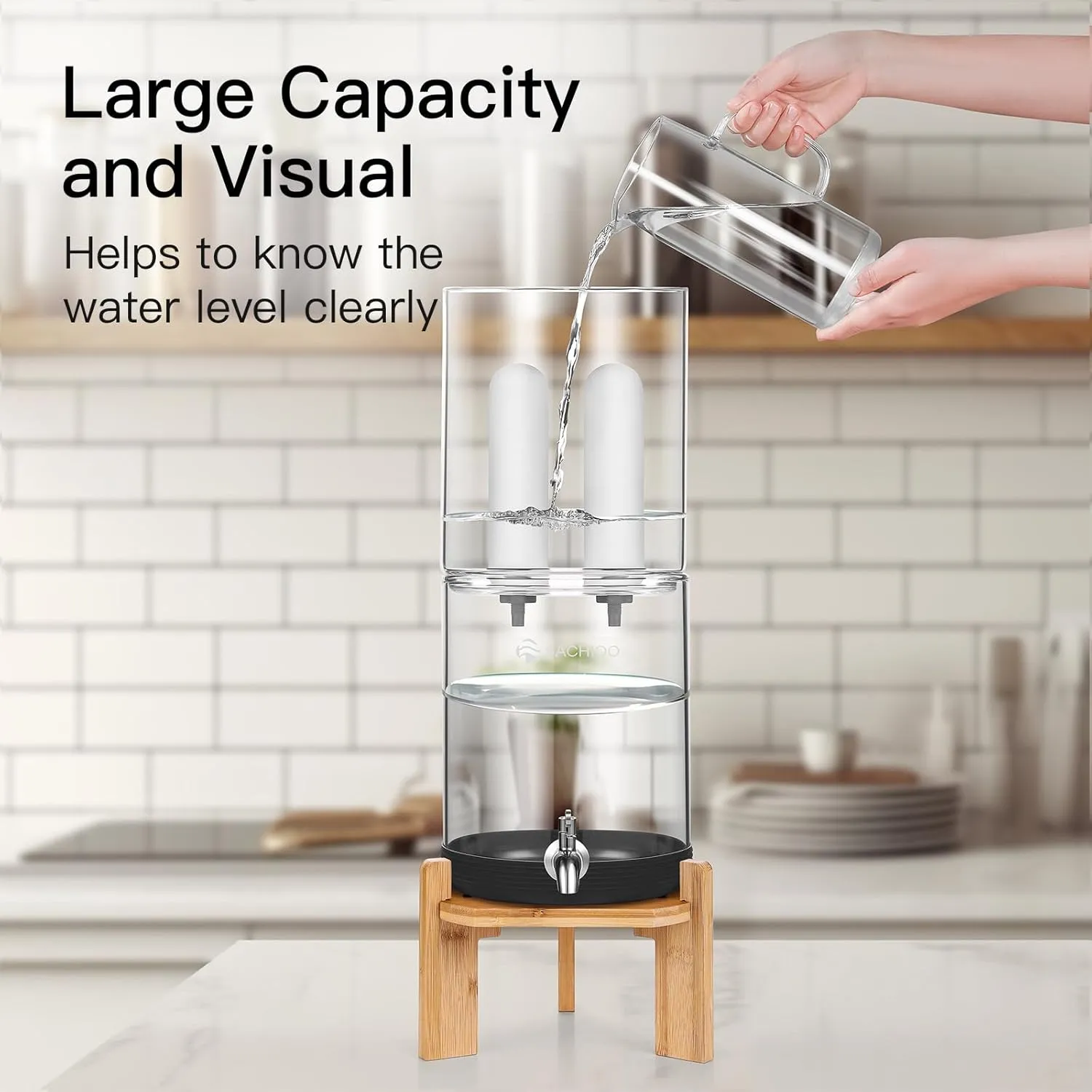 All Glass Gravity Fed Water Filter System, Off Grid Home Emergency Water Filtration System, 2.25 Gallon Multifunctional Water Purifier with 2 Ceramic Filter, Wooden Cover & Wooden Stand