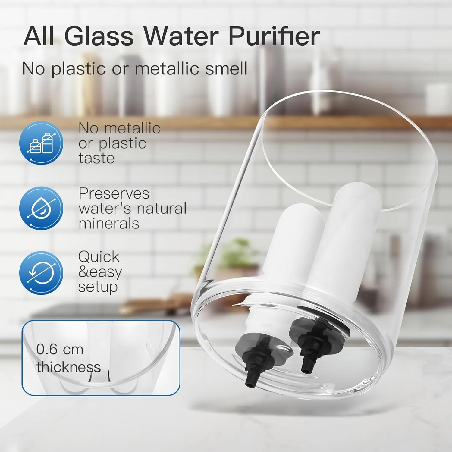 All Glass Gravity Fed Water Filter System, Off Grid Home Emergency Water Filtration System, 2.25 Gallon Multifunctional Water Purifier with 2 Ceramic Filter, Wooden Cover & Wooden Stand