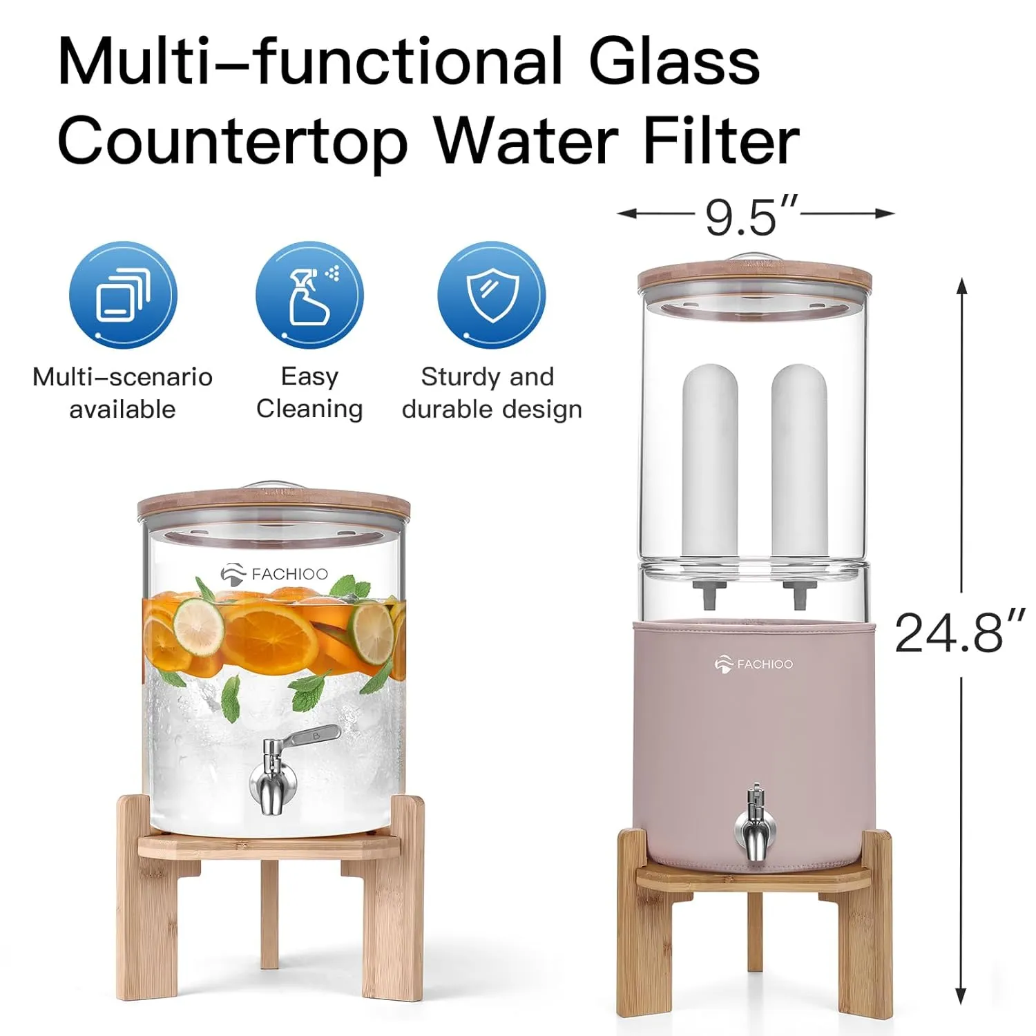 All Glass Gravity Fed Water Filter System, Off Grid Home Emergency Water Filtration System, 2.25 Gallon Multifunctional Water Purifier with 2 Ceramic Filter, Wooden Cover & Wooden Stand