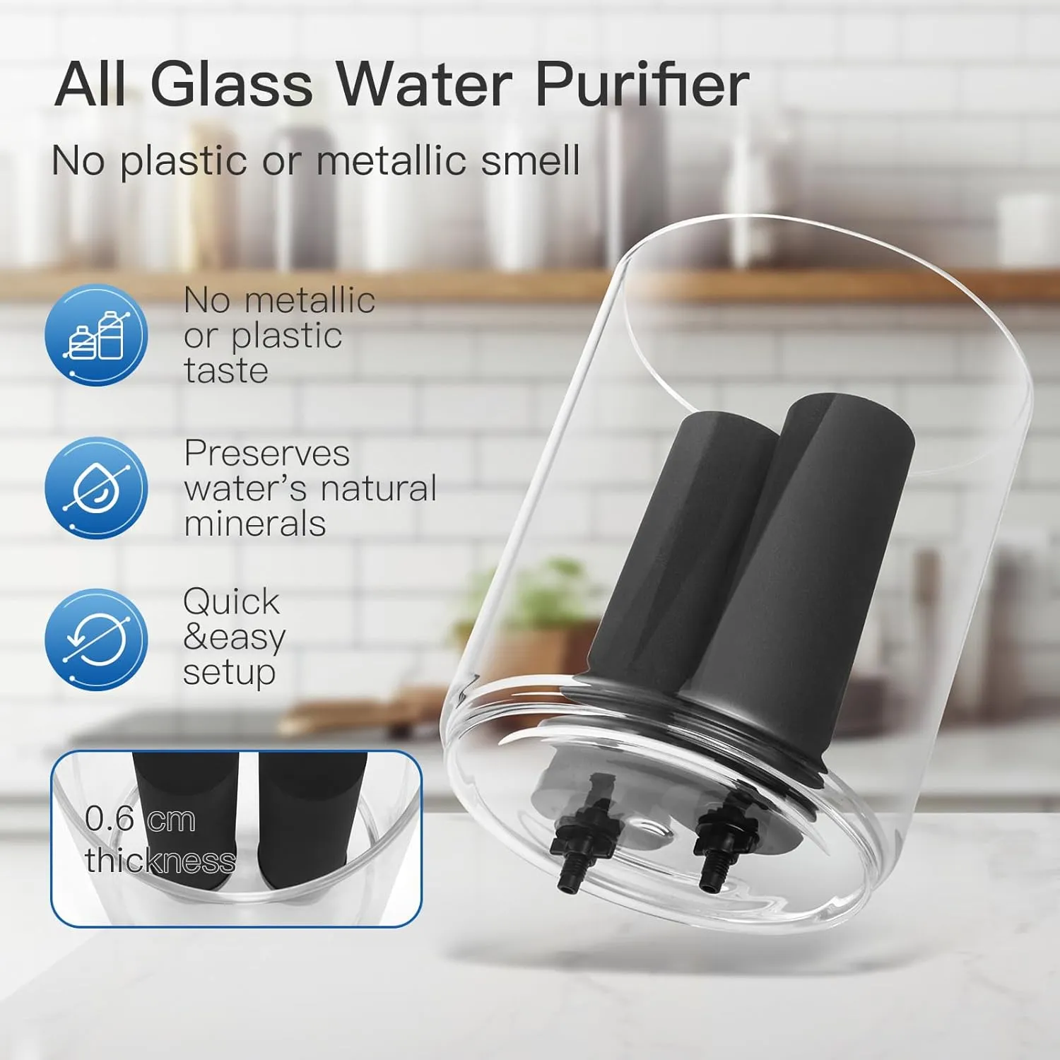 All Glass Gravity Fed Water Filter System, Off Grid Home Emergency Water Filtration System, 2.25 Gallon Water Purifier with 2 Black Carbon Filter, Glass Cover & Wooden Stand