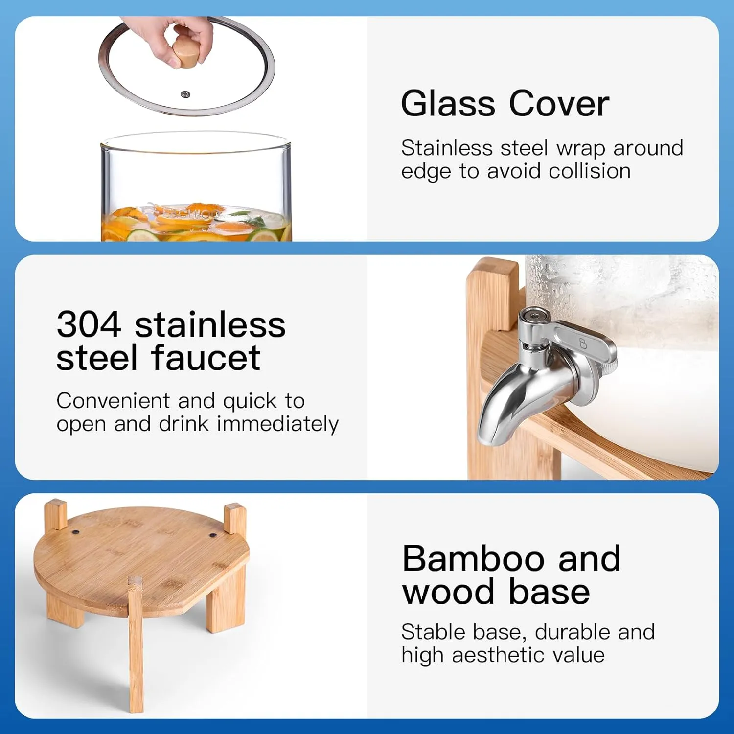 All Glass Gravity Fed Water Filter System, Off Grid Home Emergency Water Filtration System, 2.25 Gallon Water Purifier with 2 Black Carbon Filter, Glass Cover & Wooden Stand