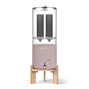 All Glass Gravity Fed Water Filter System, Off Grid Home Emergency Water Filtration System, 2.25 Gallon Water Purifier with 2 Black Carbon Filter, Glass Cover & Wooden Stand
