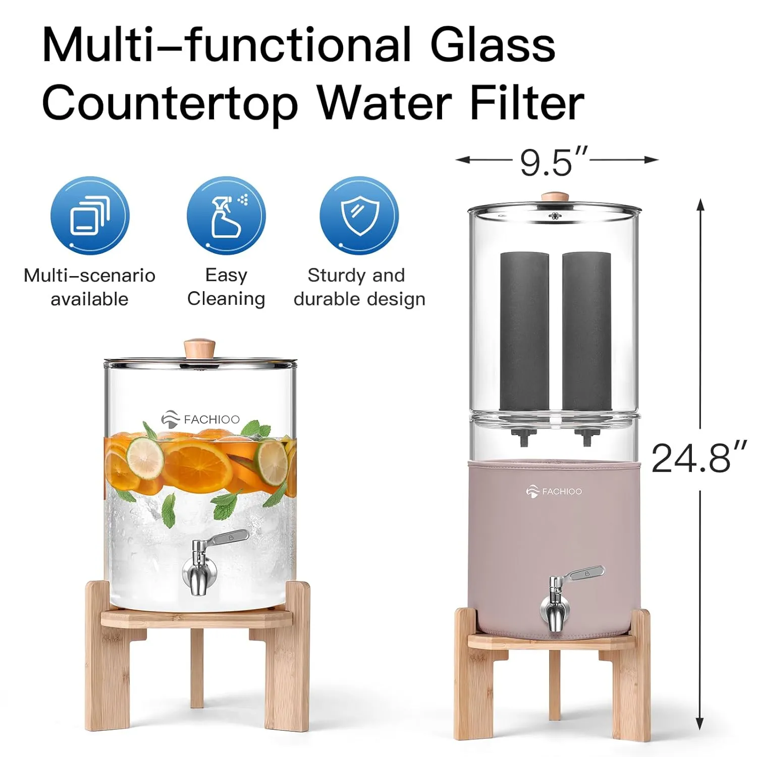 All Glass Gravity Fed Water Filter System, Off Grid Home Emergency Water Filtration System, 2.25 Gallon Water Purifier with 2 Black Carbon Filter, Glass Cover & Wooden Stand