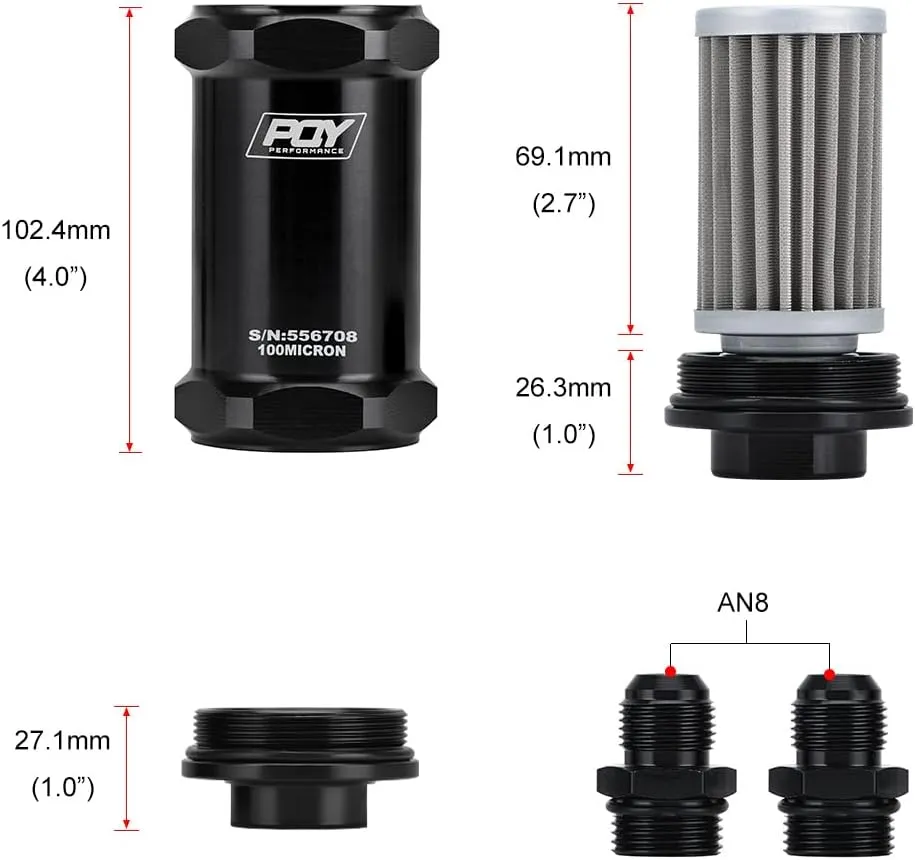 AN8 Inline PQY Fuel Filter E85 Ethanol With 100 Micron Stainless steel element