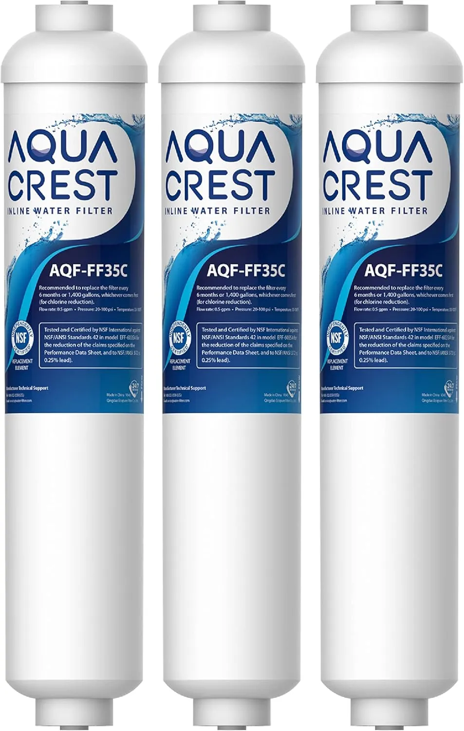 AQUA CREST GXRTDR Inline Water Filter, NSF42 Certified, Replacement for GE® GXRTDR, IC-100A, Samsung DA29-10105J, Whirlpool WHKF-IMTO, 3 Filters (Package May Vary)