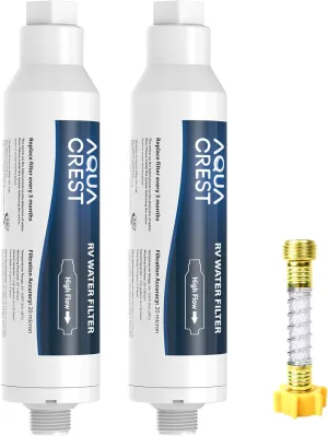 AQUA CREST RV Inline Hose Water Filter, Garden and Camper, NSF Certified, Greatly Reduces Chlorine, Bad Taste, Odor, 2 Pack with Hose Protector (Package May Vary)