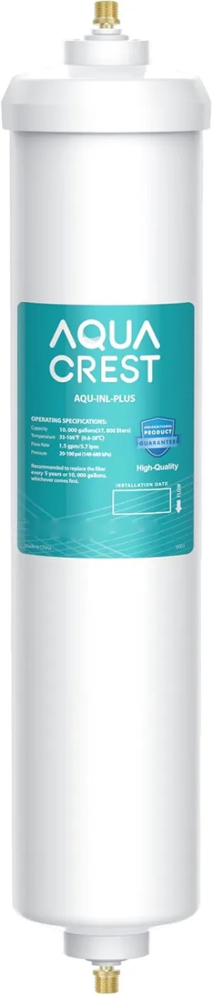 AQUACREST In-Line Water Filter for Refrigerator and Ice Maker, 5 years or 10,000 Gallons High Capacity, 1/4-Inch Direct Connect Fittings, Reduces Chlorine, Bad Taste & Odor