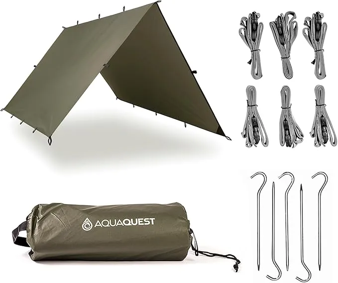 AquaQuest Defender Camping Tarp - Heavy Duty Tent Shelter or Rain Fly - Waterproof Camping Essentials for Hiking, Bushcraft & Hammock, 10 x 7 ft, Olive Drab Kit