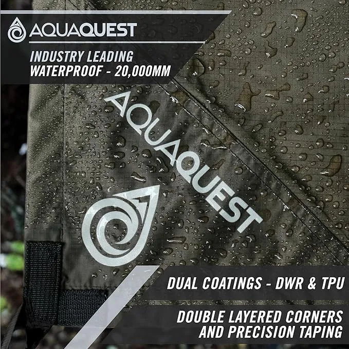 AquaQuest Defender Camping Tarp - Heavy Duty Tent Shelter or Rain Fly - Waterproof Camping Essentials for Hiking, Bushcraft & Hammock, 10 x 7 ft, Olive Drab Kit