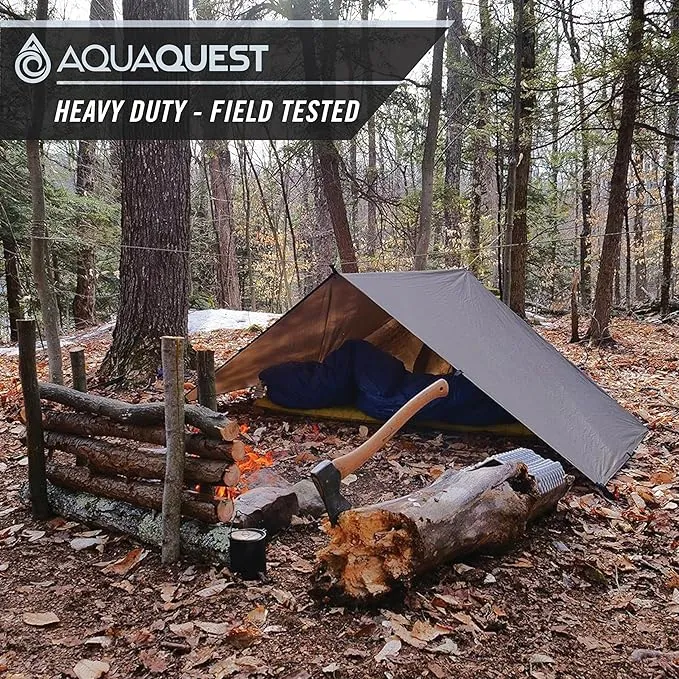 AquaQuest Defender Camping Tarp - Heavy Duty Tent Shelter or Rain Fly - Waterproof Camping Essentials for Hiking, Bushcraft & Hammock, 10 x 7 ft, Olive Drab Kit