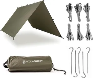 AquaQuest Defender Camping Tarp - Heavy Duty Tent Shelter or Rain Fly - Waterproof Camping Essentials for Hiking, Bushcraft & Hammock, 10 x 7 ft, Olive Drab Kit