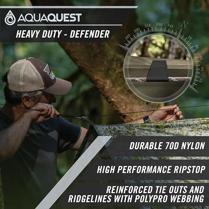 AquaQuest Defender Camping Tarp - Heavy Duty Tent Shelter or Rain Fly - Waterproof Camping Essentials for Hiking, Bushcraft & Hammock, 10 x 7 ft, Olive Drab Kit