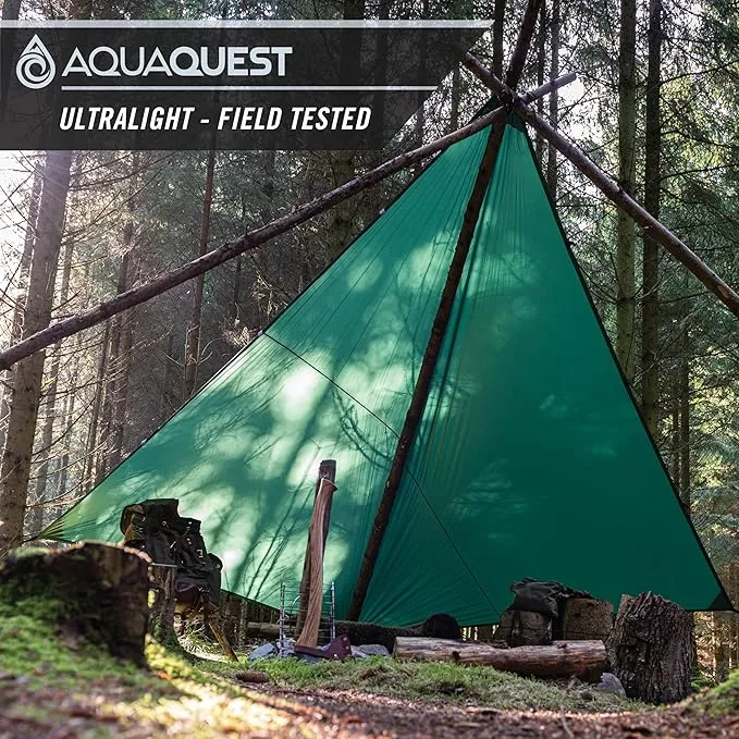 AquaQuest Guide Camping Tarp - Ultralight Tent Cover or Rain Fly - Waterproof Camping Gear Must Haves for Hiking, Hammock, Bivy & Survival, 13 x 10 ft, Forester Green