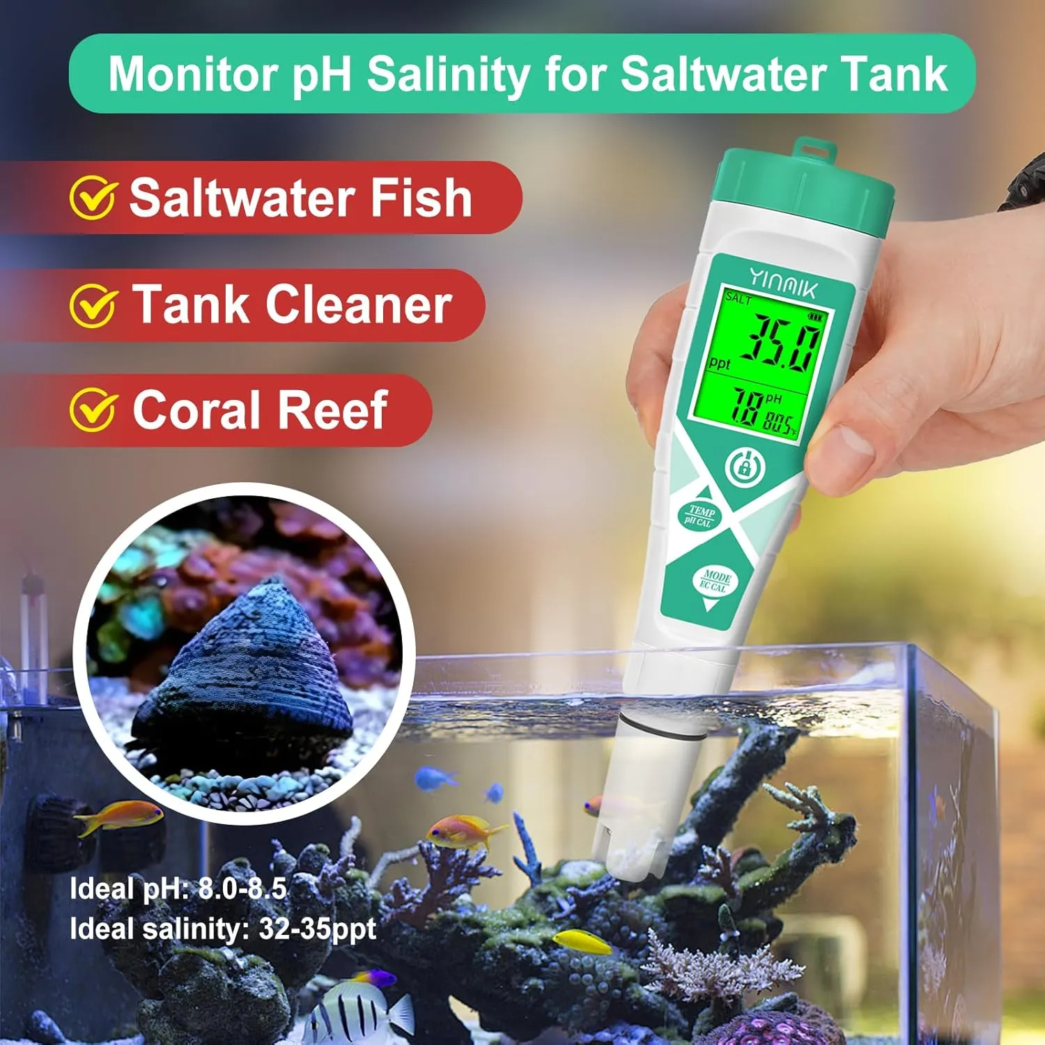 Aquarium pH Salt Tester, Digital Salinity Meter for Freshwater & Saltwater Fish Tank, Simultaneous Display Salt pH TDS for Koi Pond, Reef Tank, Aquaponics PPM pH EC Reader, Hydrometer with S.G. Card