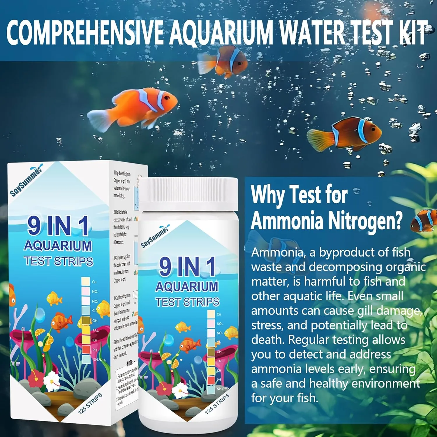 Aquarium Test Strips for Fish Tank: 9 in 1 Aquarium Ammonia Test Strips for Fish Tank - 125 Counts Aquarium Water Test Kit Testing Ammonia Nitrogen, Copper, pH and More