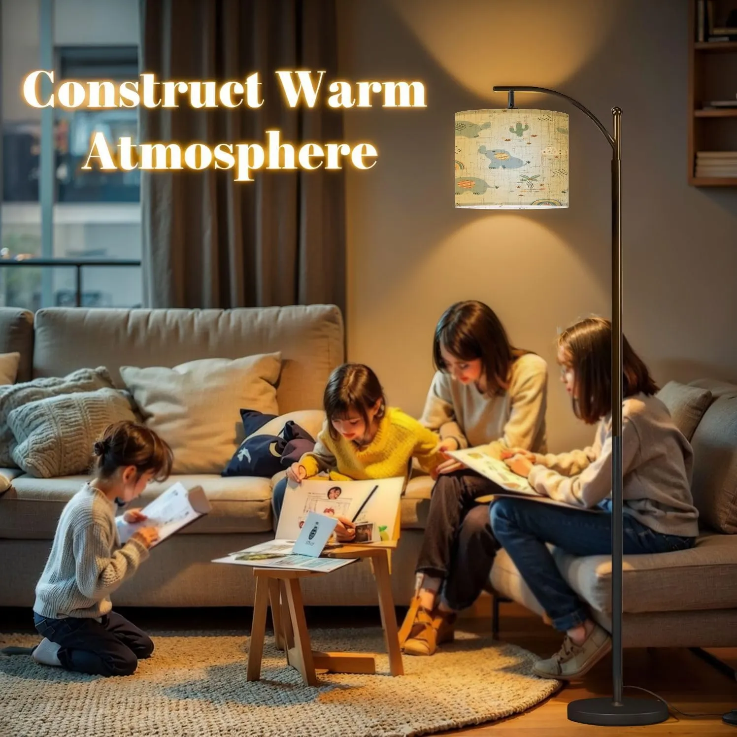 Arc Floor Lamps Cute Seamless Pattern Hand Drawn Elephants Tropical Plants Modern LED Adjustable Lampshade Standing Light for Living Room Reading Bedroom Office