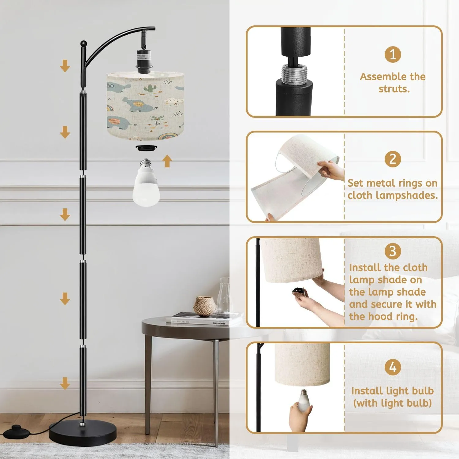 Arc Floor Lamps Cute Seamless Pattern Hand Drawn Elephants Tropical Plants Modern LED Adjustable Lampshade Standing Light for Living Room Reading Bedroom Office