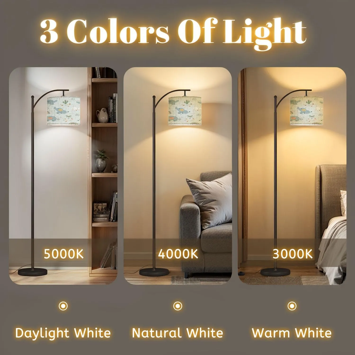 Arc Floor Lamps Cute Seamless Pattern Hand Drawn Elephants Tropical Plants Modern LED Adjustable Lampshade Standing Light for Living Room Reading Bedroom Office