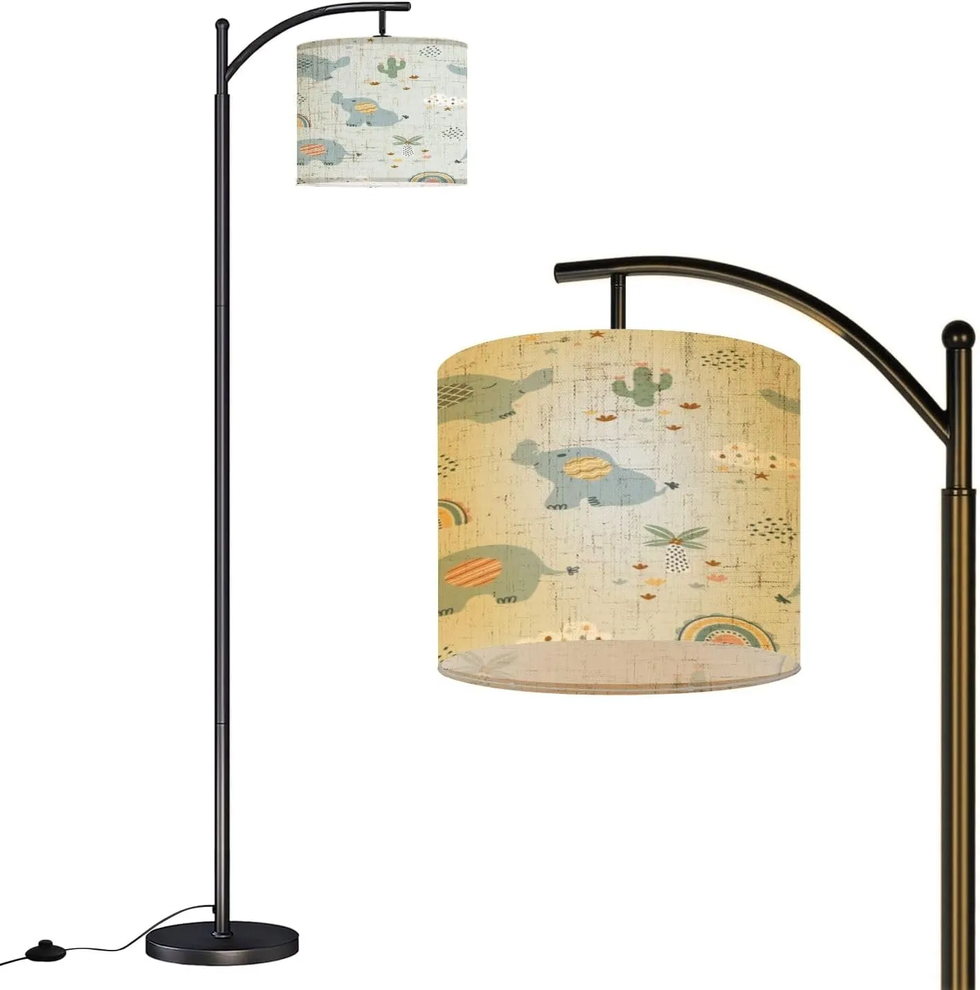 Arc Floor Lamps Cute Seamless Pattern Hand Drawn Elephants Tropical Plants Modern LED Adjustable Lampshade Standing Light for Living Room Reading Bedroom Office