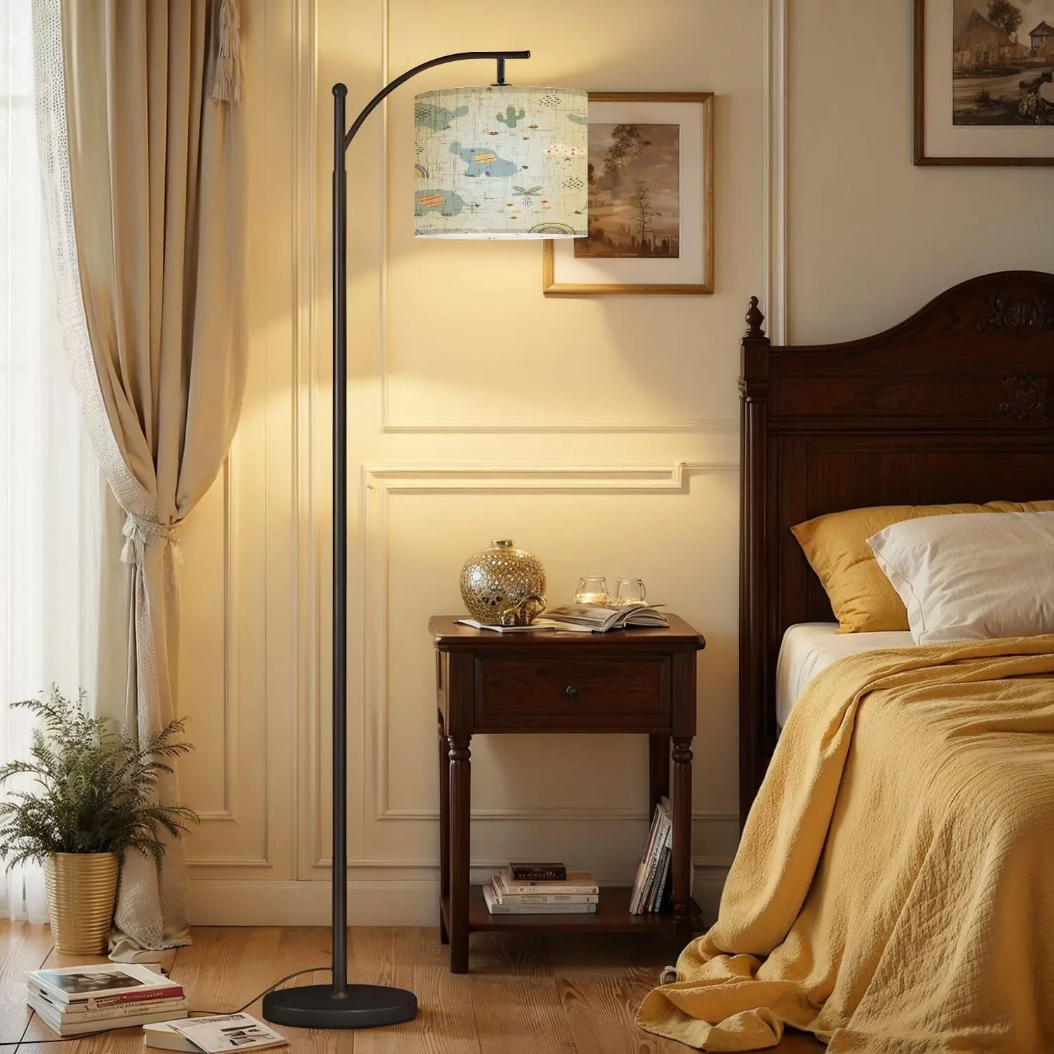 Arc Floor Lamps Cute Seamless Pattern Hand Drawn Elephants Tropical Plants Modern LED Adjustable Lampshade Standing Light for Living Room Reading Bedroom Office