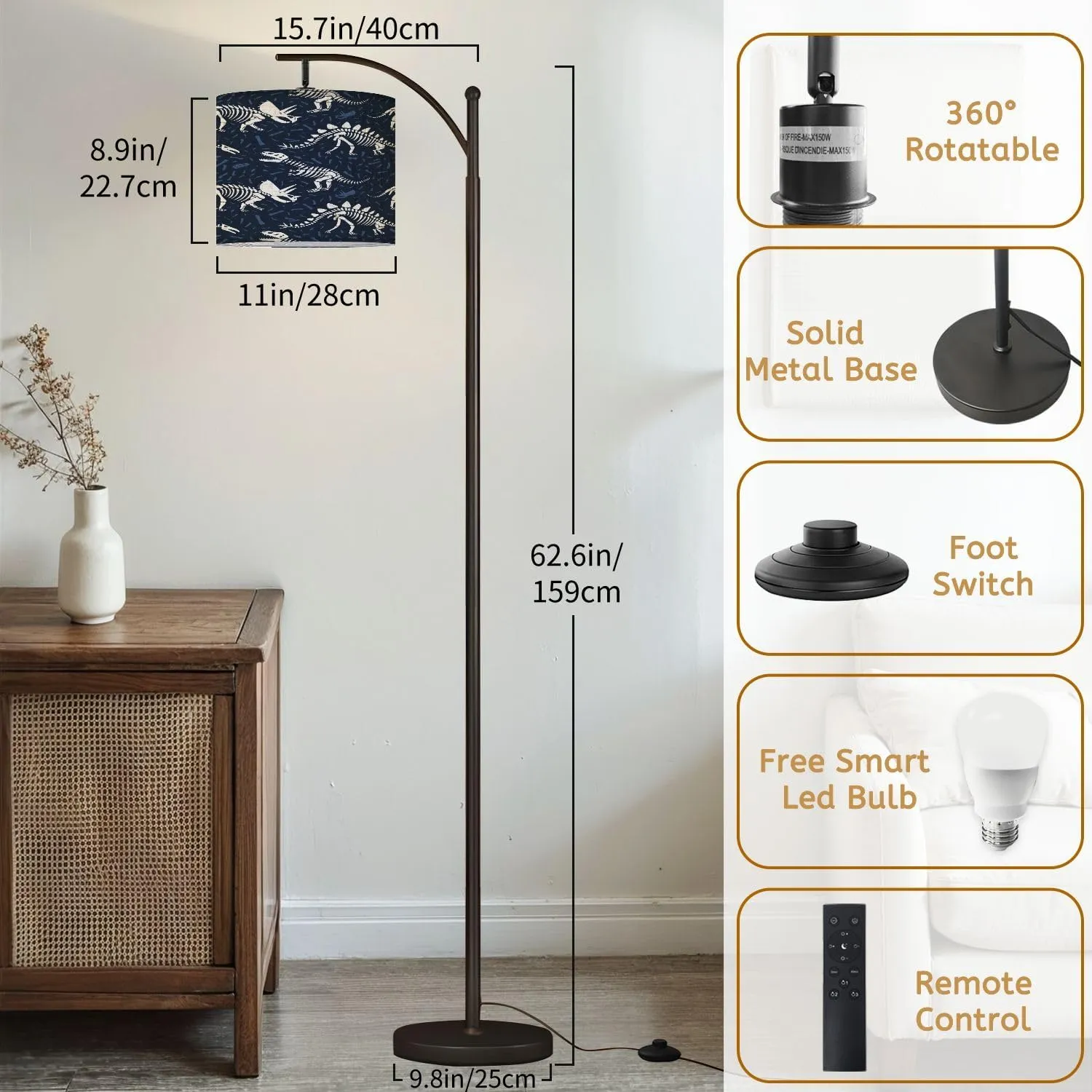 Arc Floor Lamps Dinosaurs Skeletons Seamless Pattern Dark Blue Bones Children Textile Modern LED Adjustable Lampshade Standing Light for Living Room Reading Bedroom Office