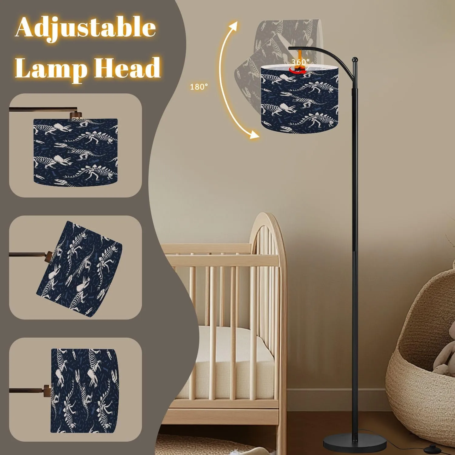 Arc Floor Lamps Dinosaurs Skeletons Seamless Pattern Dark Blue Bones Children Textile Modern LED Adjustable Lampshade Standing Light for Living Room Reading Bedroom Office