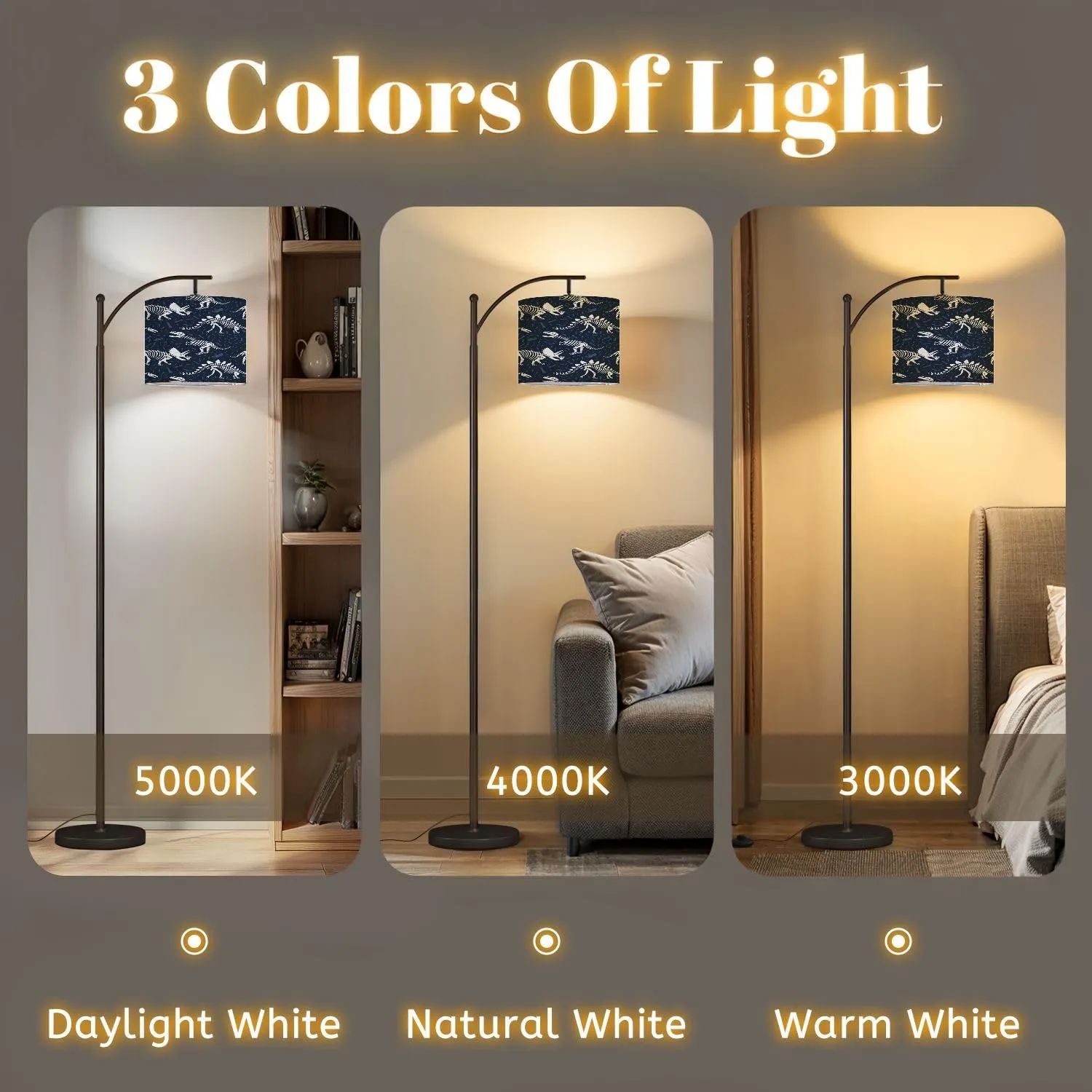 Arc Floor Lamps Dinosaurs Skeletons Seamless Pattern Dark Blue Bones Children Textile Modern LED Adjustable Lampshade Standing Light for Living Room Reading Bedroom Office