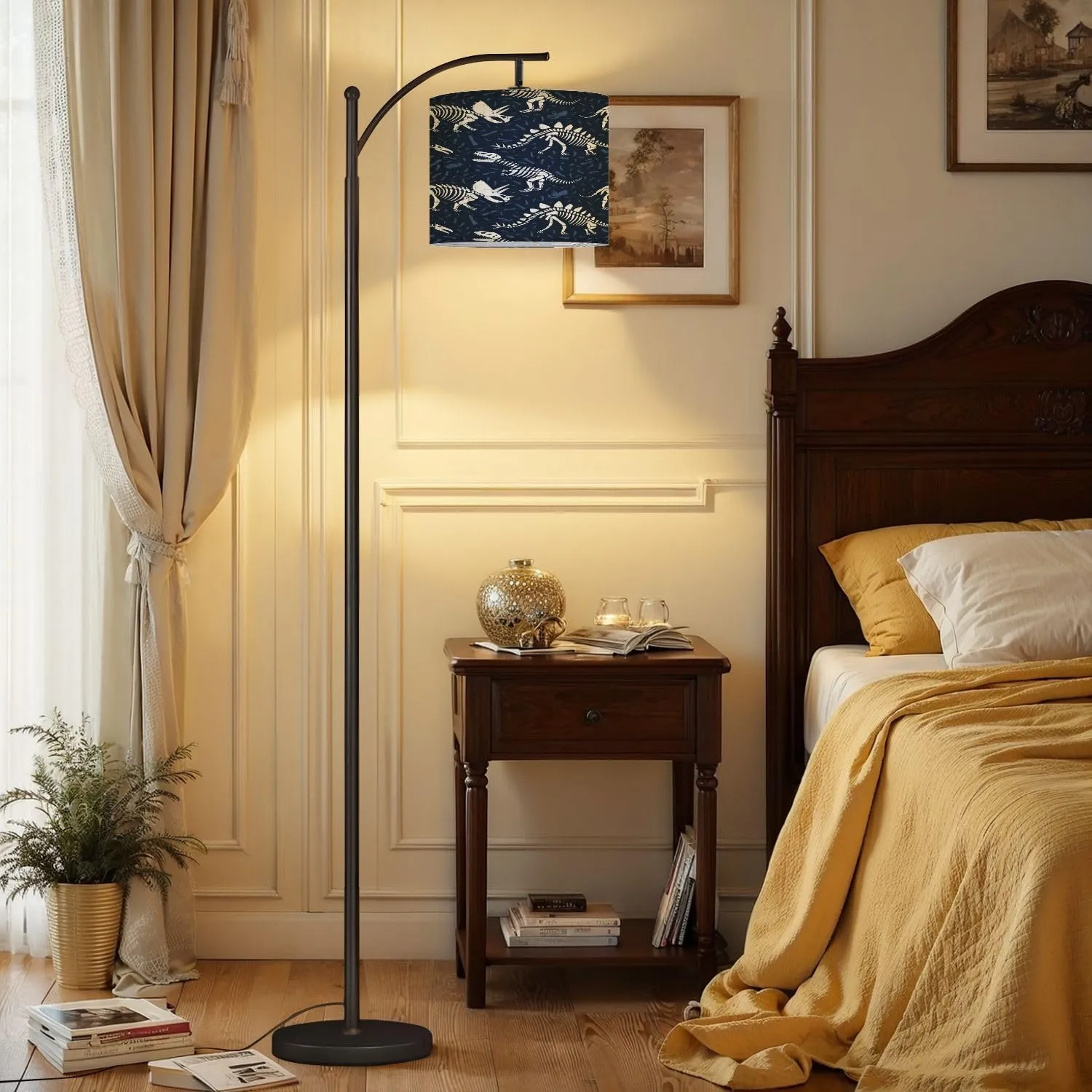 Arc Floor Lamps Dinosaurs Skeletons Seamless Pattern Dark Blue Bones Children Textile Modern LED Adjustable Lampshade Standing Light for Living Room Reading Bedroom Office