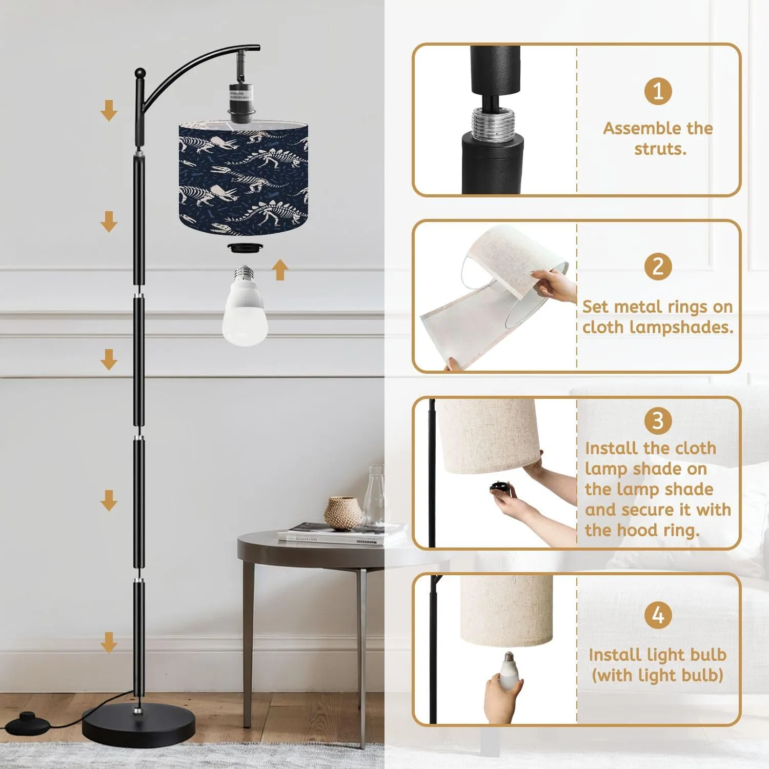Arc Floor Lamps Dinosaurs Skeletons Seamless Pattern Dark Blue Bones Children Textile Modern LED Adjustable Lampshade Standing Light for Living Room Reading Bedroom Office